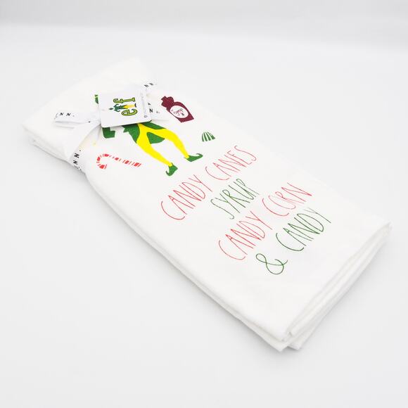 Rae Dunn Elf "CANDY CANES SYRUP CANDY CORN & CANDY" Kitchen Towel Set of 2 - Picture 3 of 5